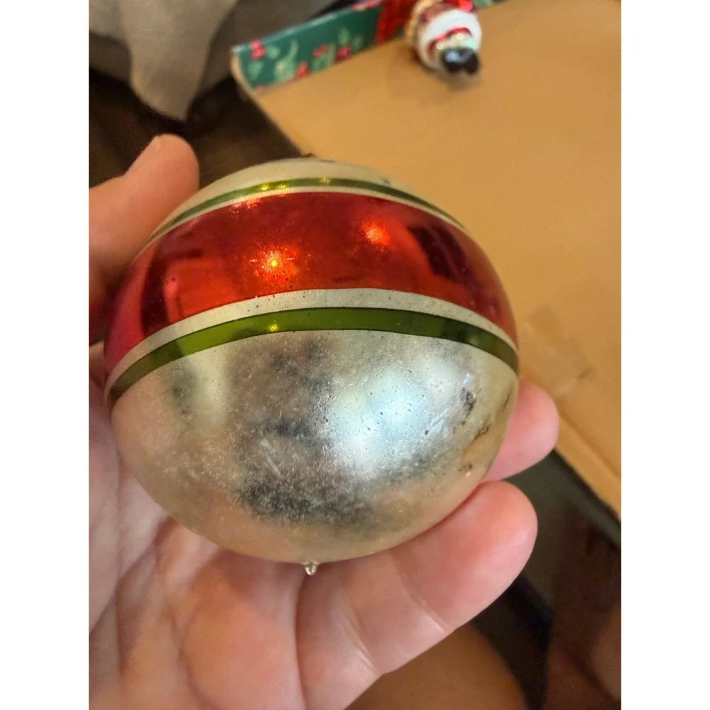 Vintage West Germany Striped Mercury Glass Christmas Ornament Red Green Silver
